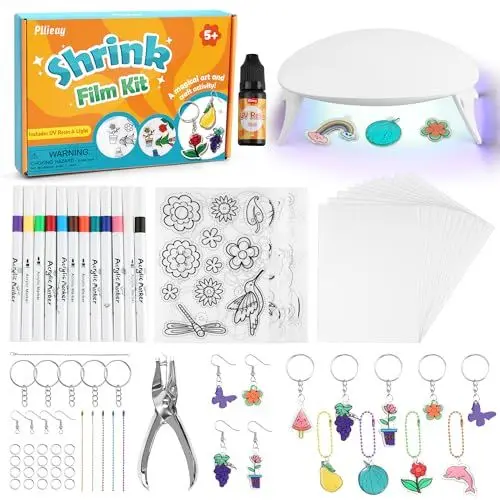 Produktbild: Pllieay Shrink Plastic Kit Include 15 Shrink Plastic Sheets A5,UV Resin Light with UV Resin, Acrylic Pen, Shrinkles Keychains Making Kit for Kids Craft and Art DIY Ornaments or Creative Craft