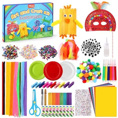 Produktbild: Pllieay Bastelset Kinder, 2000+PCS DIY Basteln Bastelkoffer, Bastelzubehör Bastelmaterial, Pfeifenreiniger, Pompons, Federn, Wackelaugen, Pailletten Bastelbedarf Basteln für Kleinkinder