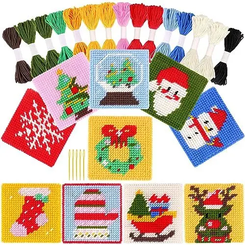 Produktbild: Pllieay Weihnachten 10-in-1 Kreuzstich-Anfängerset für Kinder, enthält Anleitung für 10 verschiedene Muster, 10 bedruckte Kunststoffleinwände für Handarbeiten, Nadelspitzen-Starter-Nähset