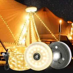 Produktbild: PLLYPE Camping Lichterkette Aufrollbar, 10M 100 LED Verstaubare Lichterkette Lichterketten mit 8 modi, Wasserdichte Tragbare Aufrollbare lichterkette usb, Campinglampe für Camping Party Hof(Warm)