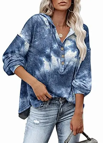 Produktbild: PLOKNRD Blue Tie Dye Hoodie Damen Button Down Leichte Shirts für den Winter Small 36-38