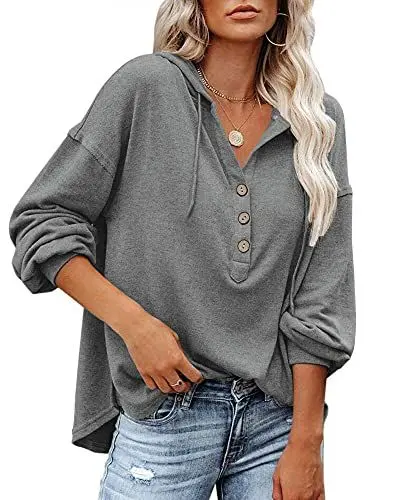 Produktbild: PLOKNRD Kapuzenpullover Damen Langarm Knöpfen Pullover mit Kordelzug Freizeit V-Ausschnitt Hooded Henley Sweatshirt Klassisch(Dunkelgrau, M)