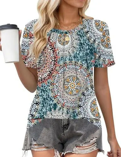 Produktbild: PLOKNRD Damen T-Shirt Plissiert Rundhals lässig Tops Elegant Kurzarm Oberteile Blau Grün Gedruckt XL
