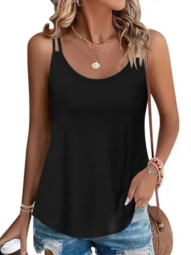 Produktbild: PLOKNRD Damen Tank Top Sommer Spaghetti Oberteile Ärmellose Rundhalsausschnitt Shirt Blusen Tops Schwarz l