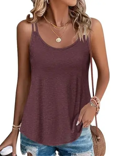 Produktbild: PLOKNRD Damen Tank Top Sommer Spaghetti Oberteile Ärmellose Rundhalsausschnitt Shirt Blusen Tops Wein Rot M