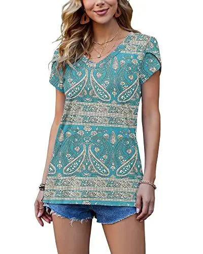 Produktbild: PLOKNRD Damen Tops V-Ausschnitt Blütenblatt Ärmel T-Shirt Sommer Freizeit Kurzen Ärmeln Strand Oberteile(Boho grün,S)