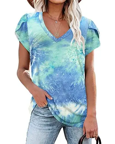Produktbild: PLOKNRD Damen Tops V-Ausschnitt Blütenblatt Ärmel T-Shirt Sommer Freizeit Kurzen Ärmeln Strand Oberteile(Tie Dye Bleu,L)
