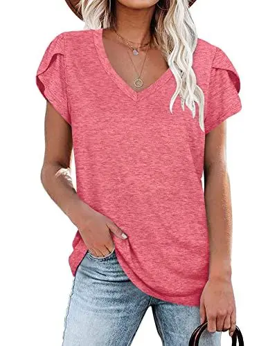 Produktbild: PLOKNRD Damen Tops V-Ausschnitt Blütenblatt Ärmel T-Shirt Sommer Freizeit Kurzen Ärmeln Strand Oberteile(rot,XXL)