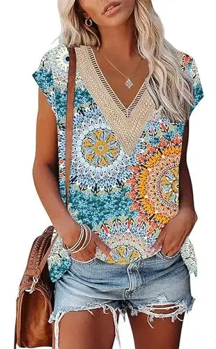 Produktbild: PLOKNRD Kurzärmeliges Damen Top mit V-Ausschnitt Elegantes Top mit Spitzenausschnitt Freizeit Sommer Strandkleidung(Grün gedruckt,L)