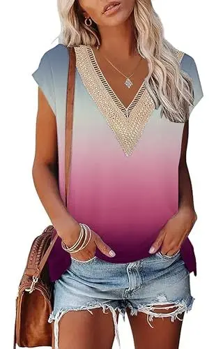 Produktbild: PLOKNRD Sommer Damen T-Shirt Freizeit Top mit V-Ausschnitt Kurzen Ärmeln Spitze Strand Oberteile Grau Ombre Pink L