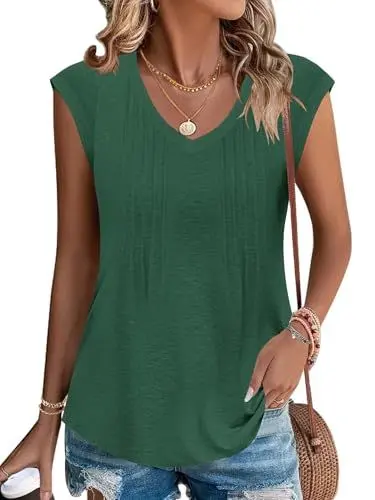 Produktbild: PLOKNRD Sommer T-Shirt Damen Freizeit V-Ausschnitt Kurzarm Top mit Plissee klassisch Strand Oberteile Dunkelgrün M