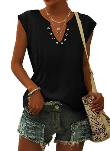 Produktbild: PLOKNRD T-Shirt Damen Sommer V-Ausschnitt Tops Kurzarm Blusen Locker Oberteile Freizeit und Elegant(Schwarz,L)
