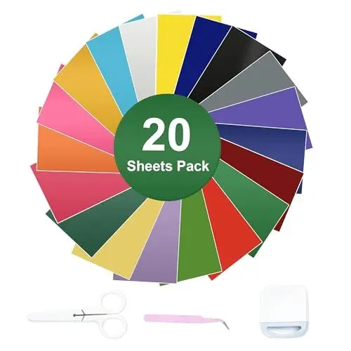 Produktbild: Vinylfolie Plotter, 20 Stück Plotterfolie Vinyl Selbstklebend mit Transferfolie, 30.5 x 21cm Permanent Plotter Folie für DIY-Geschenke, Tasse, Fenster, Automobil, Heimdeko, Dekoration