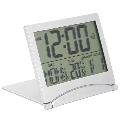 Produktbild: plplaaoo Digitaler Reisewecker, 170 mAh, kleine Digitaluhr, Tischuhr, elektronischer kompakter Schreibtischwecker, Faltbarer Kalender, Temperatur-Timer, Uhr für Reisen (8,4 x 7,9 x 1,3 cm)