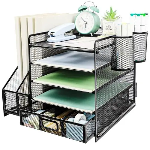 Produktbild: PLSOPPKG Schreibtisch Organizer mit Aktenhalter, 5 Ebenen Papier Organizer Briefablage mit Schublade und 2 Stiftehalter, Mesh Schreibtisch Akten Organizer mit Zeitschriftenhalter für Büro