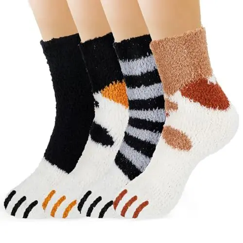 Produktbild: Plüsch Korallen Socken, 4 Paar Kuschelsocken Damen Weiche Flauschige Bettsocken Wintersocken Nette Katzen Greifer Socken Bodensocken Schlauch Socken Warme Schlaf Ausgangssocken für Mädchen