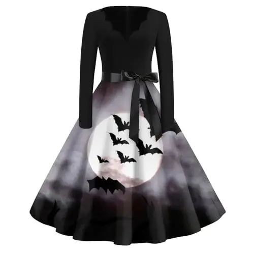 Produktbild: Plus Größe Halloween Kostüme Damen 2024 Lustig Halloween Druck Cocktail Kleider Sexy V Ausschnitt Lang Ärmel Party Swing Kleid Grau 2XL Halloween Kostüm Damen Gruselig Sexy Sexy Halloween