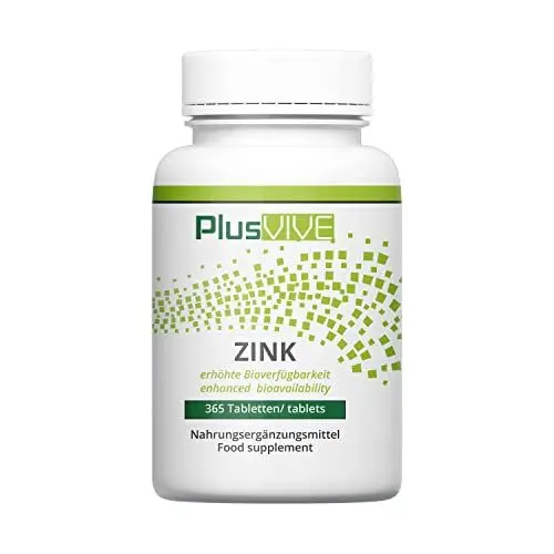Produktbild: PlusVive Zink Tabletten hochdosiert I 1x 365 Tabletten I 25mg Zink aus Zink Bisglycinate pro Tablette I Mit Papain & Spirulina I Nahrungsergänzungsmittel vegan & laborgeprüft
