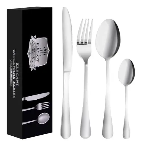 Produktbild: Plyhea Besteck Set Edelstahl Essbesteck Set 24 teilig Tafelbesteck mit Messer Gabel Löffel Teelöffel Besteckset für 6 Personen Haus Restaurant Outdoor, Silber