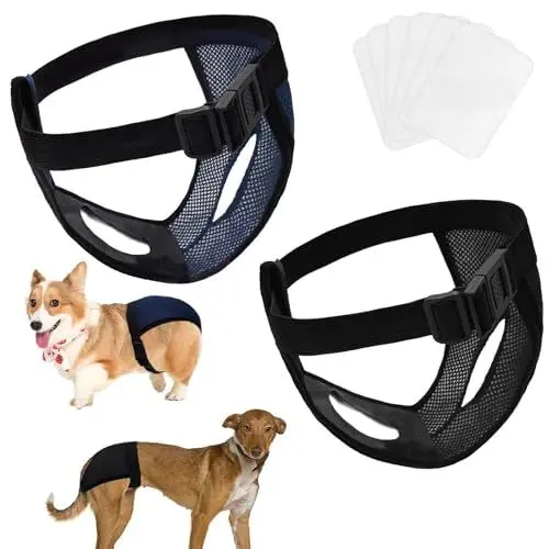 Produktbild: Pmueuff 2er Pack Hundewindeln Wiederverwendbare Mesh Läufigkeitshose für Hündinnen mit 8 Damenbinden Hundewindeln für Hündinnen Waschbare Schutzhose Einstellbar, Schwarz und Blau, XL