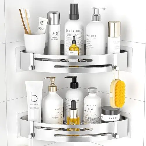 Produktbild: PNNP Duschablage Ohne Bohren Ecke: Duschrega Edelstahl 2 Stück Duschkorb Selbstklebend Mit 4 Haken Badezimmer Regal für dusche aufbewahrung Shampoo und Duschgel (Silber)