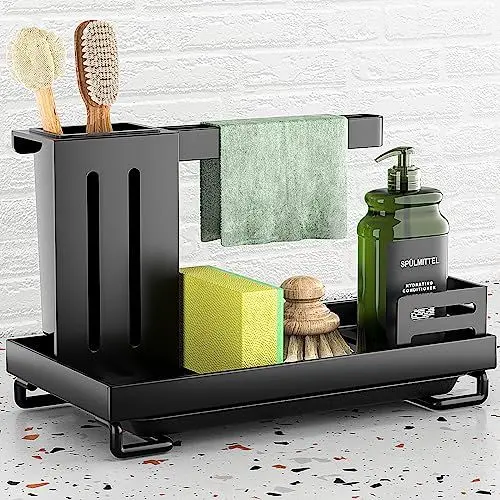 Produktbild: PNNP Spülbecken Organizer Schwarz Küchen Spüle Sink Organizer, Zusätzliche Verstärkung Spülorganizer Edelstahl Schwammhalter Spüllappenhalter Lappenhalter mit Abflusspfanne, Einfache Installation