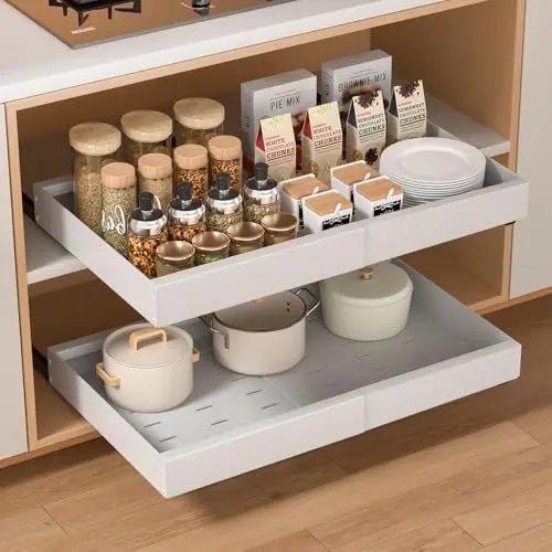 Produktbild: PNNP Teleskopschublade Küche Ausziehbare Schublade: Einstellbare Breite Schrank Organizer (32–53 cm B x 43 cm T x 7 cm H) - Ohne Bohren | Weiß
