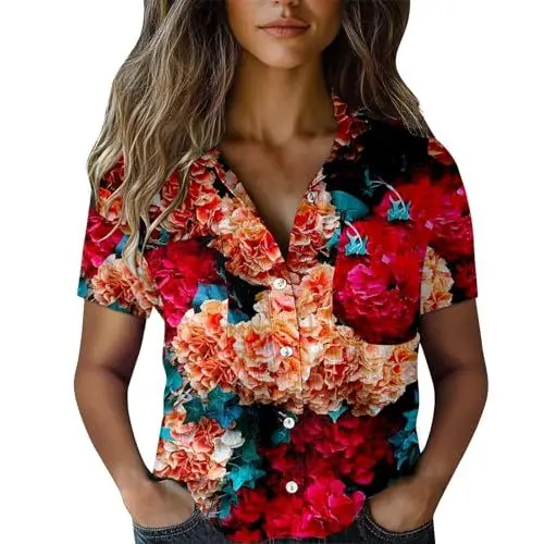 Produktbild: Poamen Damen Bluse Kurzarm Sommershirts Lose Hemdbluse Kurz Ärmel T Shirt Tops Tunika Lose Tshirt mit Kragen Bunte Blumenmuster Druck V-Ausschnitte Elegant Damenblusen Knöpfe Oberteile (A4-Red, L)