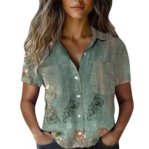 Produktbild: Poamen Damen Bluse Kurzarm Sommershirts Lose Hemdbluse Kurz Ärmel T Shirt Tops Tunika Lose Tshirt mit Kragen Bunte Blumenmuster Druck V-Ausschnitte Elegant Damenblusen Knöpfe Oberteile (A6-Grey, L)