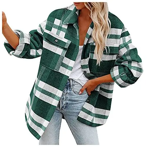 Produktbild: Poamen Mantel Damen Karierte Druck Wintermantel Umlegekragen Schaltfläche Sweatjacke Mittellanges Winterjacke Übergröße Locker Übergangsjacke(C Grün,S)