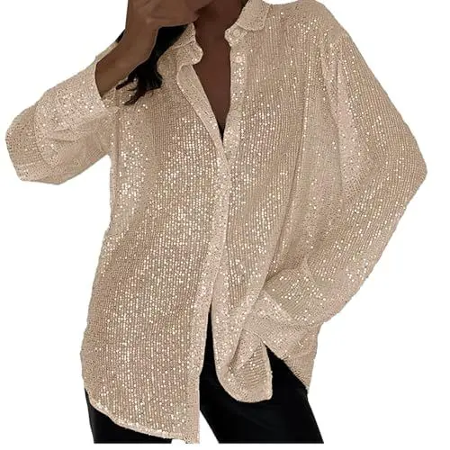 Produktbild: BILIKEYU Damen Hemd mit Pailletten Langarm Lose Mode Retro 80er Karnevalsparty Kostüm Top Bühnenperformancekleidung (Khaki-B, L)