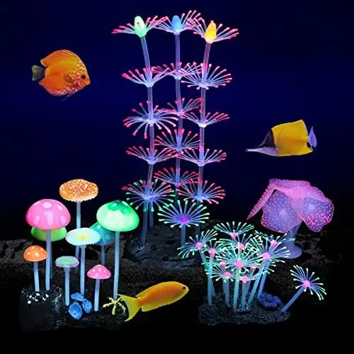 Produktbild: Podazz 4er Künstliche Wasserpflanzen Set - Glühende Silikon Pflanzen, Koralle, Anemone für Aquarium Dekoration - Landschaft Pilz (4-teilig)