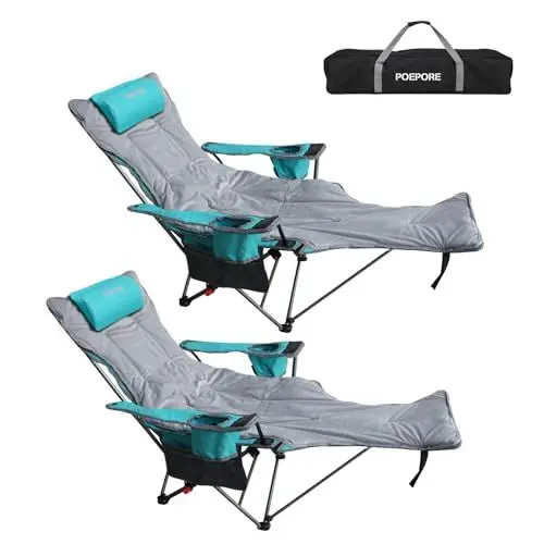 Produktbild: POEPORE Campingstuhl 2er Set Faltbar mit Fußablage 4-Fach Verstellbarer Strandstuhl Liegestuhl Angelstuhl Campingstühle für Erwachsene mit Wattepad Kissen Getränkehalter Armlehnentaschen Cyan