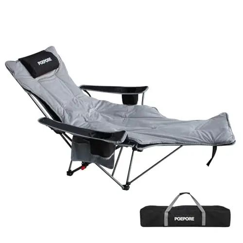 Produktbild: POEPORE Campingstuhl Faltbar mit Fußablage 4-Fach Verstellbarer Strandstuhl Liegestuhl Angelstuhl Campingstühle für Erwachsene mit Wattepad Kissen Getränkehalter Armlehnentaschen Schwarz