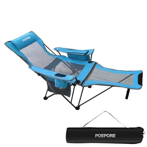 Produktbild: POEPORE Campingstuhl Faltbar mit Fußstütze 4-Fach Campingstühle Strandstuhl Liegestuhl für Erwachsene 120kg Verstellbarer Klappbarer Angelstuhl mit Kühltasche Kissen Getränkehalter Blau