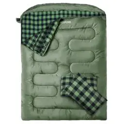 Produktbild: Poepore Doppelschlafsack Flanell für Erwachsene Deckenschlafsack Baumwolle 2 Personen Winter mit 2 Kissen und Tragetasche für Outdoor Camping Wandern 233 * 157CM Olive