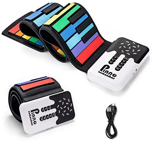 Produktbild: POGOLAB 49 Tasten Roll up Faltbares Piano Klavier für Anfänger, Regenbogen Electronic Keyboards mit 8 Töne 6 Demos, Wiederaufladbar Silikon Mini Klavier mit Aufnahme Monitor modus