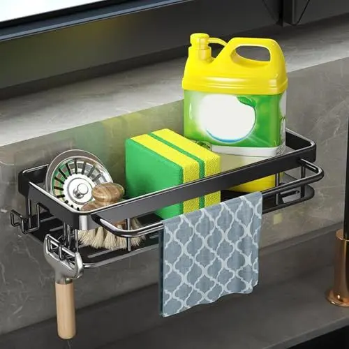 Produktbild: POHOVE Küchen Organizer Schwarz Wandmontage Schwammhalter Duschablage Ohne Bohren Küchen Spüle Organizer mit Spültuchhalter und Zwei Haken Metalle Hängender