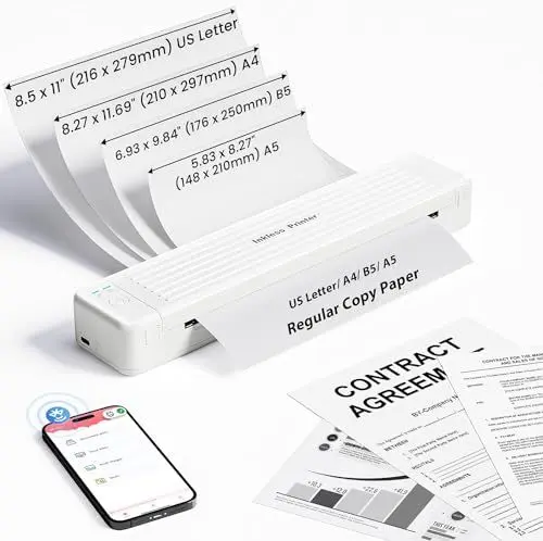 Produktbild: PokeLabel Mobiler Drucker A4 für Unterwegs, P831 Tragbarer Thermodrucker Normal und Thermopapier, Kompatibel mit Samsung Android iOS Handy, Bluetooth Schwarz Weiss Drucker für A4/B5/A5/Letter, Weiß
