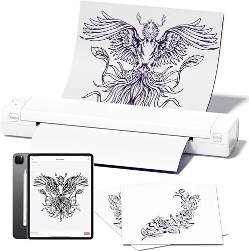 Produktbild: PokeLabel Tattoo Drucker Stencil Drucker, M08F Tattoo Stencil Drucker Maschine mit 10 Tattoo Transfer Papier, A4 Thermodrucker Tattoo für Smartphone iPad Laptop PC, Tattoo Künstler/Anfänger Set
