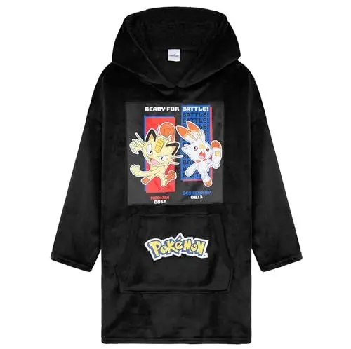 Produktbild: Pokemon Oversize Hoodie Jungen Decke mit Ärmeln und Kapuze, Pikachu Fleece Blanket Hoodie Pullover (Schwarzes Mauzi/Hopplapferd)