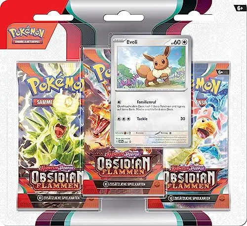 Produktbild: Pokémon-Sammelkartenspiel: 3er-Pack (Evoli) Karmesin & Purpur – Obsidianflammen (3 Boosterpacks & 1 holografische Promokarte)