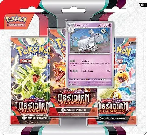 Produktbild: Pokémon-Sammelkartenspiel: 3er-Pack (Friedwuff) Karmesin & Purpur – Obsidianflammen (3 Boosterpacks & 1 holografische Promokarte)