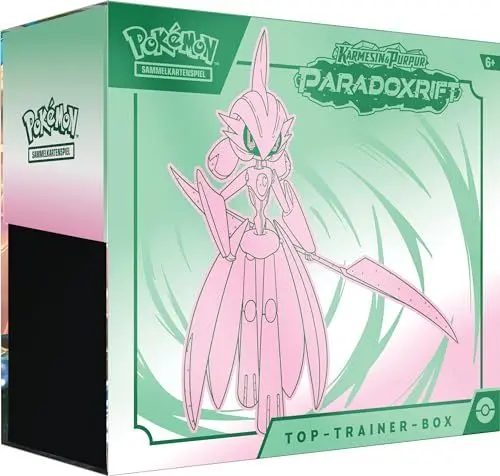 Produktbild: Pokémon-Sammelkartenspiel: Top-Trainer-Box Karmesin & Purpur – Paradoxrift: Eisenkrieger (9 Boosterpacks, 1 holografische Vollbild-Promokarte & Premium-Zubehör)
