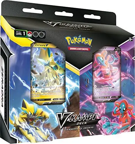 Produktbild: Pokémon-Sammelkartenspiel: V-Kampfdeck Zeraora vs. Deoxys (2 sofort spielbare Decks mit 60 Karten & extra Karten)