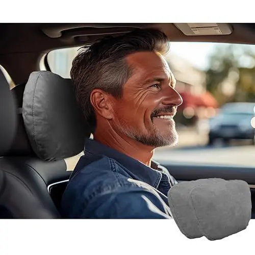 Produktbild: POKSRI nackenkissen Auto,kopfstütze Auto nackenstütze,Superfiber Wildleder Unterstützung Kissen,Pflanzenbasiertes Polyester,30x19cm Nachfüllbar&Verstellbar Fahrzeug(grau, Auto-Nackenkissen 2ps)