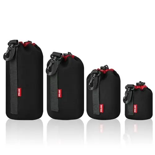 Produktbild: POLAM-FOTO Objektivtasche Set aus Neopren Objektivbeutel für Kamera Objektiv in 4 Größen, Multi Pack Objektivtaschen für Canon, Nikon, Tamron, Sigma, Pentax, Objektive, Schwarz/Rot