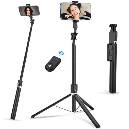 Produktbild: Polarduck 178cm Selfie Stick Stativ für Smartphone: 3 in 1 Handy Stativ mit Fernauslöser und Handystativhalter Kompatibel mit iPhone 16 15 14 13 12 11 Samsung Huawei | Schwarz