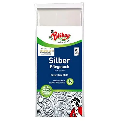 Produktbild: POLIBOY Silber Pflegetuch – Silberputztuch gegen Anlaufstellen – Wiederverwendbares Silberpoliertuch für Besteck und Schmuck - 2X 1 Tuch - Made in Germany