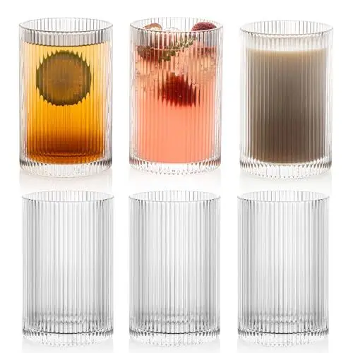 Produktbild: POLIDREAM Geriffelte Gläser 6er Set, 500ML Longdrinkgläser Set, Origami-Stil Glasbecher, Glasses Set ideal für Cocktails umd Kaffee Gläser, Wassergläser für Familie, Camping, Party, Bar